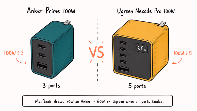 Anker three-port GaN brick beside Ugreen five-port GaN brick with wattage allocation