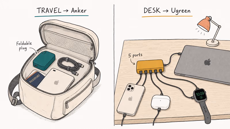 Travel-focused Anker charger paired against desk-focused Ugreen charger in split panel layout