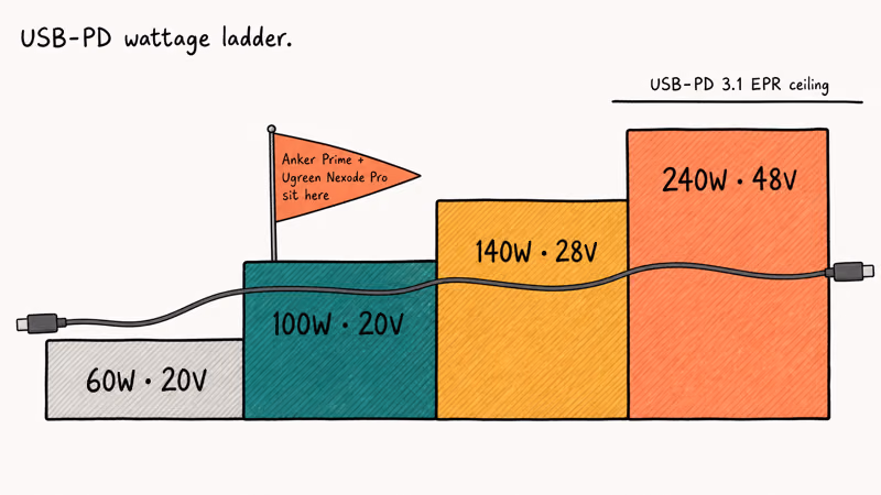 USB Power Delivery wattage ladder from sixty watts up to two hundred forty watts extended range