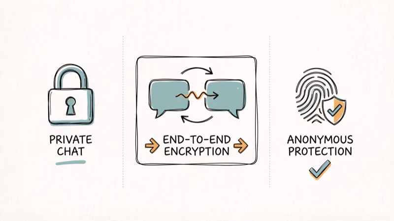Lock icon end-to-end encryption symbol and privacy shield representing key anonymous chat app security features