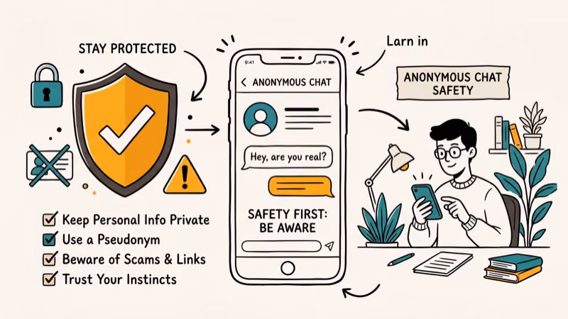 Phone with warning signs safety checklist icons and protective shield showing anonymous chat safety practices
