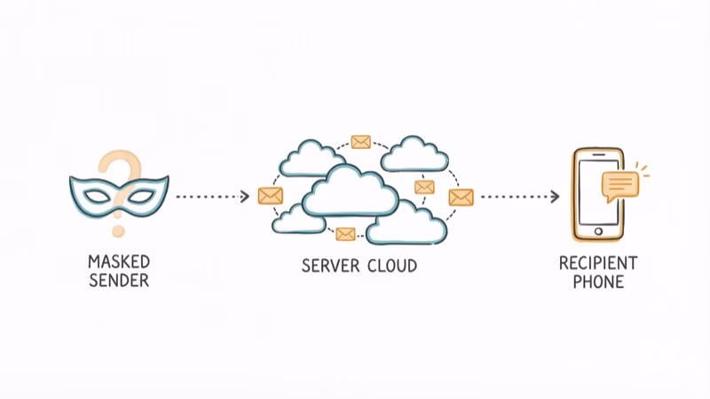 Hand-drawn diagram showing anonymous message relay path from sender through server to recipient