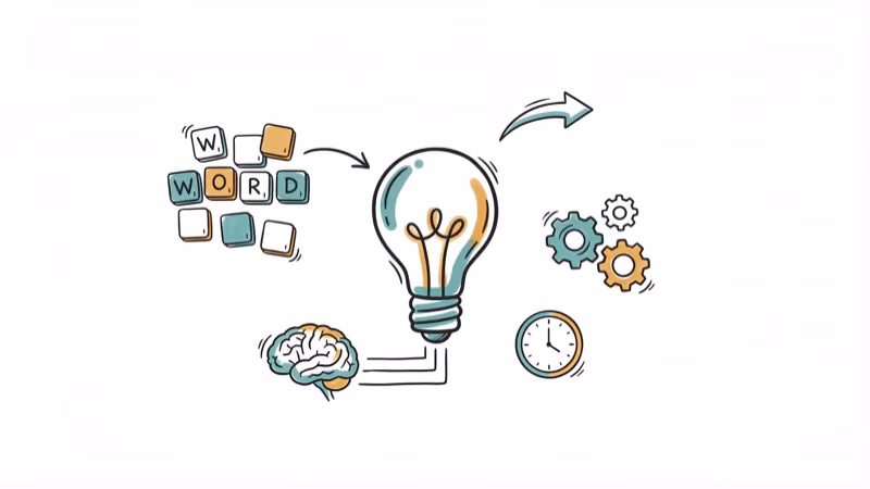 Lightbulb with strategy icons and letter tiles representing word game tactics
