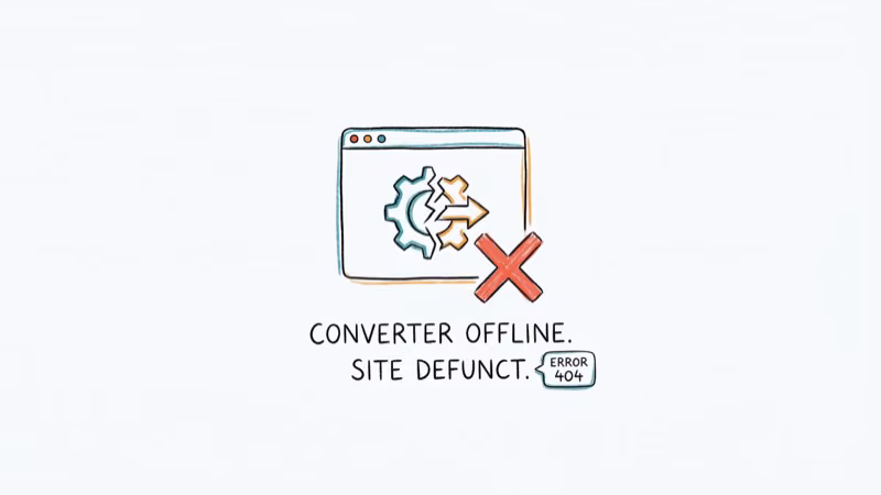 Broken website icon with red X and error message representing defunct converter site