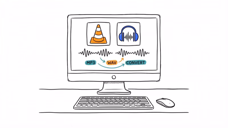 Desktop computer with VLC and Audacity icons showing audio file format conversion