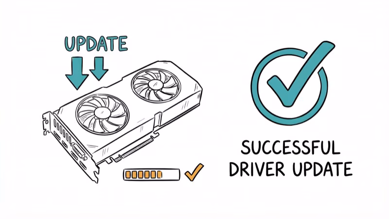 GPU graphics card with download arrows showing driver update process and checkmark