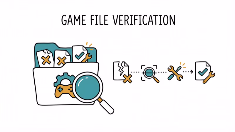 Game file folder with magnifying glass scanning for broken files and repair icons