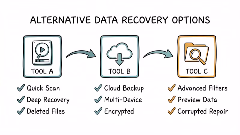 Three software tool icons side by side with comparison arrows showing data recovery alternatives