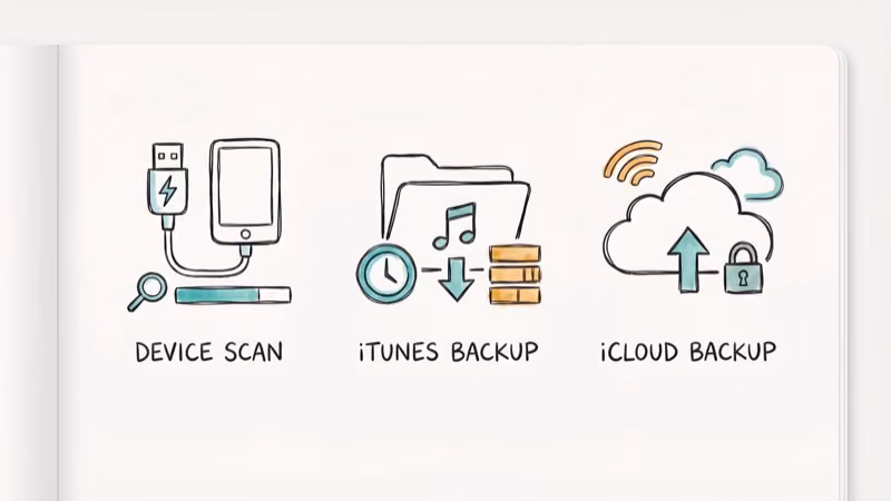 Three recovery mode icons showing USB cable for device scan iTunes folder and iCloud backup