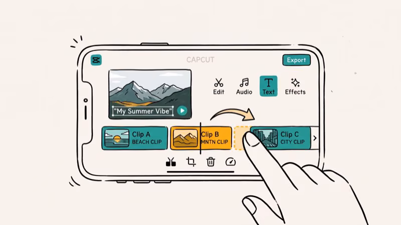 Smartphone editing interface showing multiple video clips on a timeline strip with merge controls in CapCut