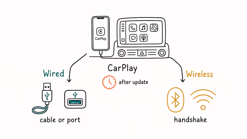 Diagram splitting CarPlay failures into wired cable problems and wireless Bluetooth handshake issues
