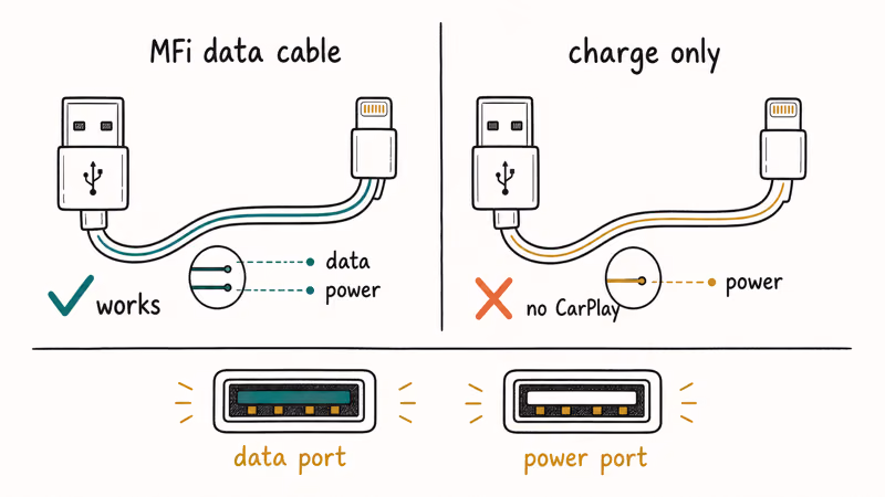 Comparison of an MFi data cable versus a charge only cable for CarPlay