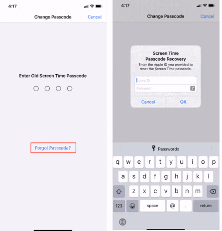 Forgot old screen time Passcode