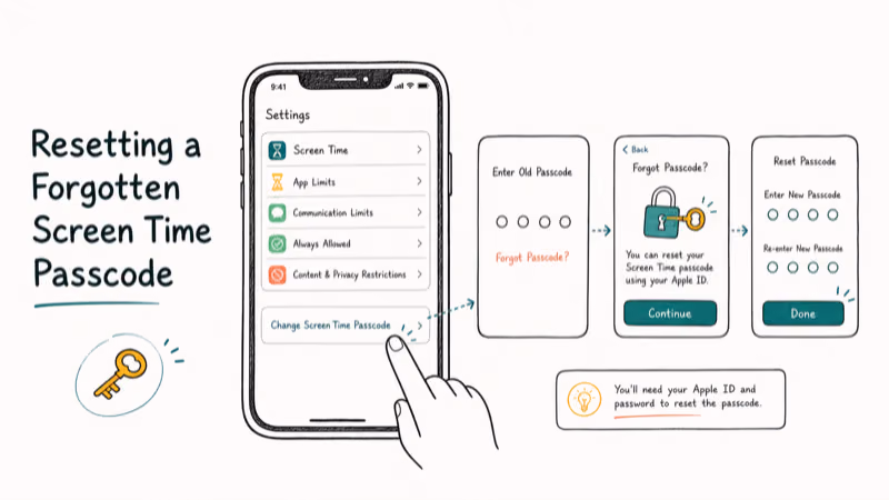 Hand-drawn illustration of Resetting a Forgotten Screen Time Passcode