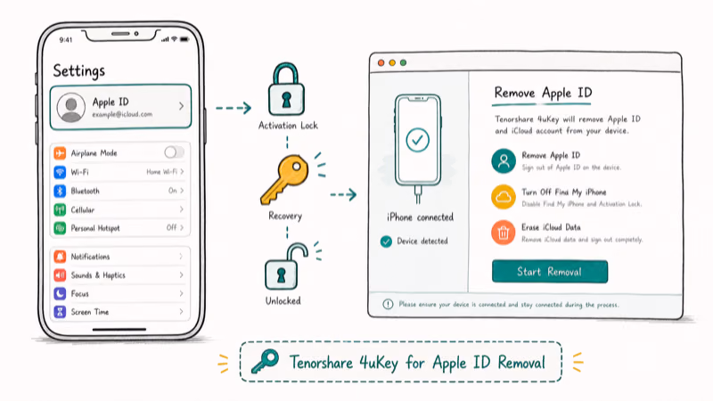 Hand-drawn illustration of Tenorshare 4uKey for Apple ID Removal