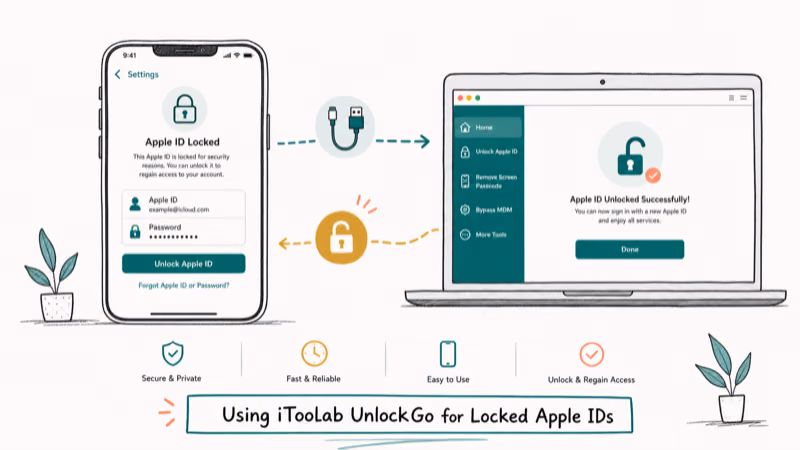 Hand-drawn illustration of Using iToolab UnlockGo for Locked Apple IDs