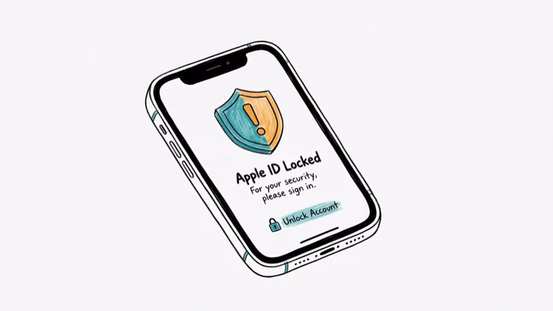 Hand-drawn iPhone displaying Apple ID locked warning with shield icon