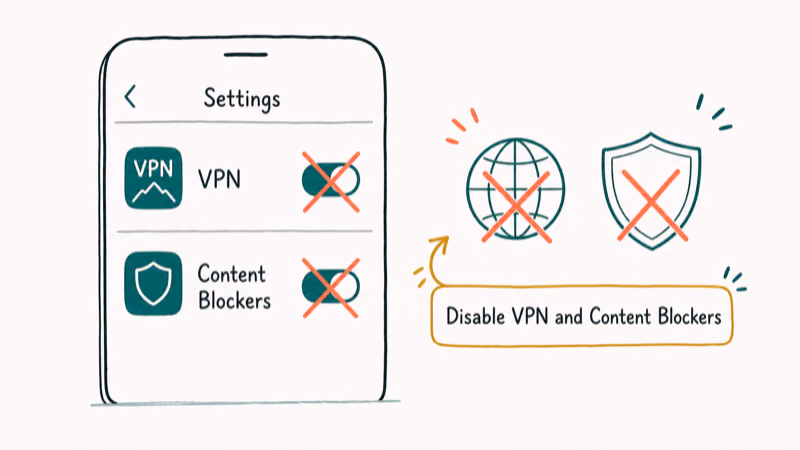Hand-drawn illustration: Disable VPN and Content Blockers