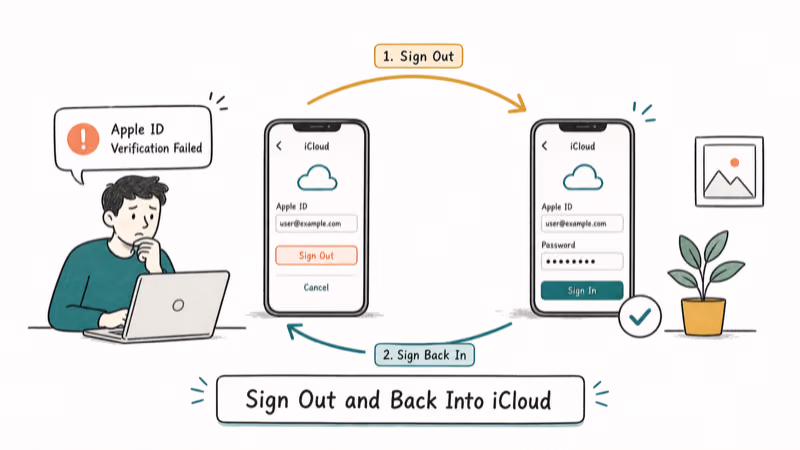 Hand-drawn illustration: Sign Out and Back Into iCloud