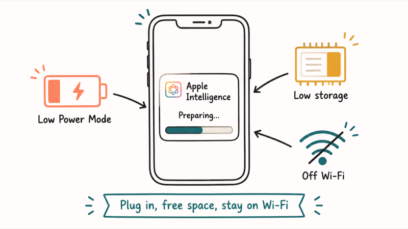 iPhone stuck on Preparing with Low Power Mode, low storage, and no Wi-Fi pausing the download