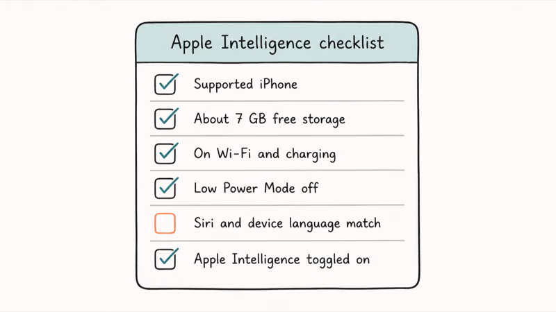 Apple Intelligence checklist covering supported iPhone, free storage, Wi-Fi, language, and toggle