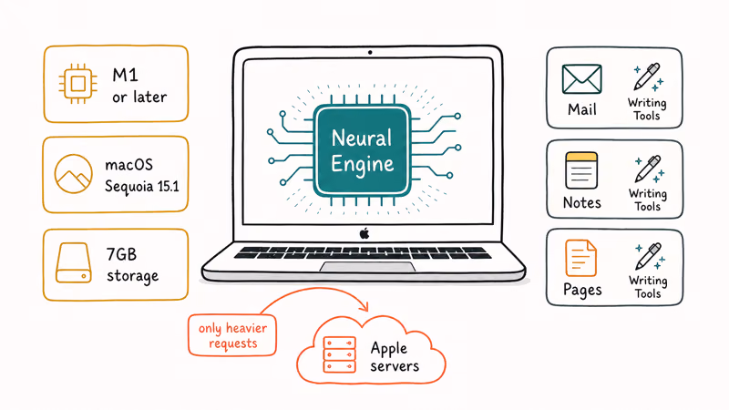 Apple Intelligence local-first stack on an M1 Mac with Neural Engine and writing tools