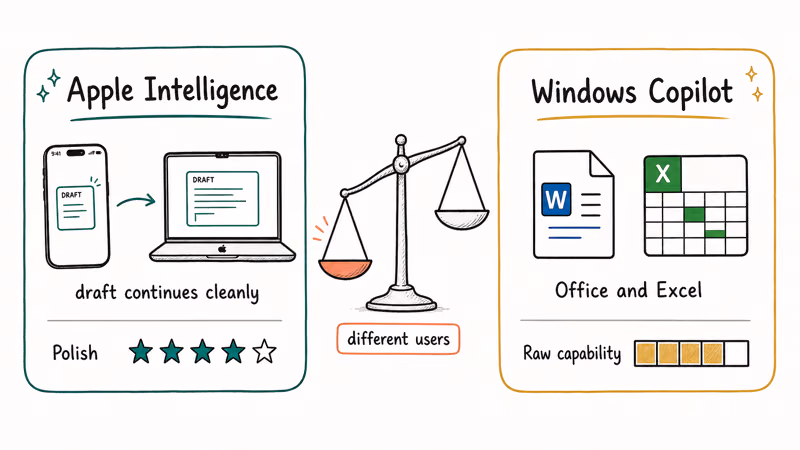 Side by side of Apple Intelligence polish versus Windows Copilot raw productivity power