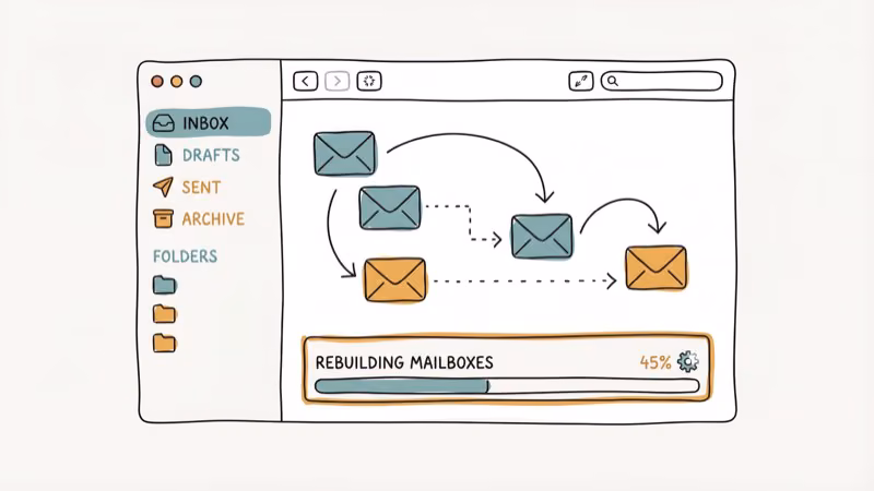 Mac Mail app window showing mailbox rebuild progress bar with email folders