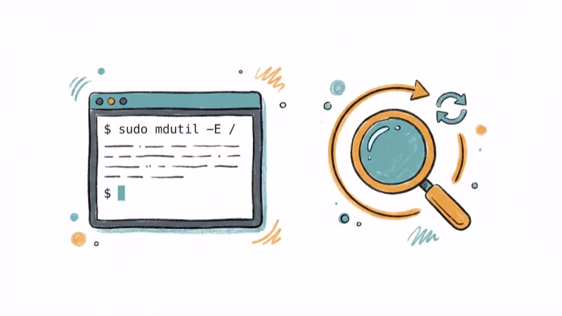 Mac Terminal window with Spotlight magnifying glass icon being refreshed