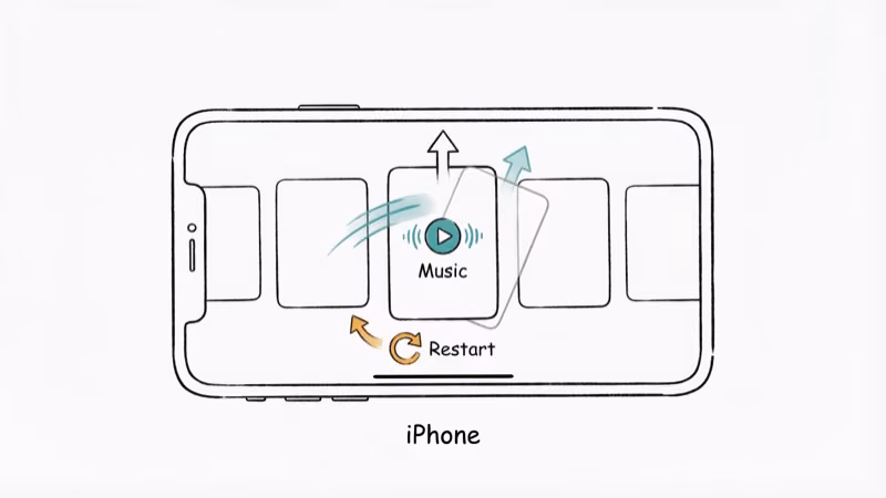 iPhone app switcher showing music app card being swiped up to force close