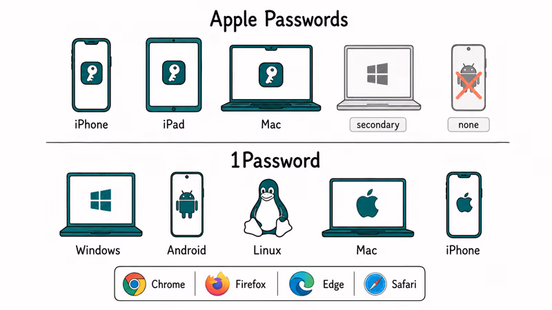 Apple Passwords covering iPhone iPad Mac versus 1Password running on Windows Android Linux too