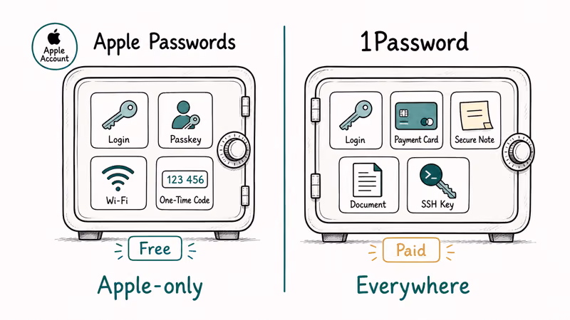 Free Apple Passwords vault shown beside paid 1Password vault holding extra item types