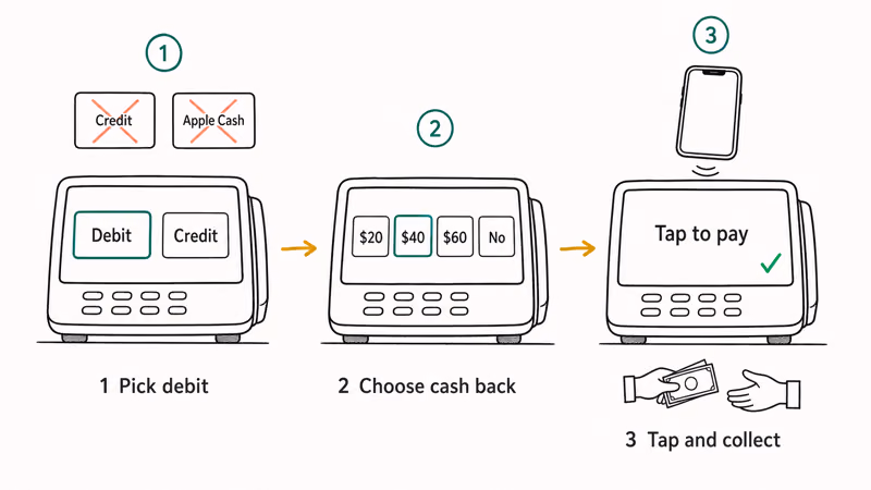 Cash back checkout flow showing debit card selection and amount choice at retail terminal