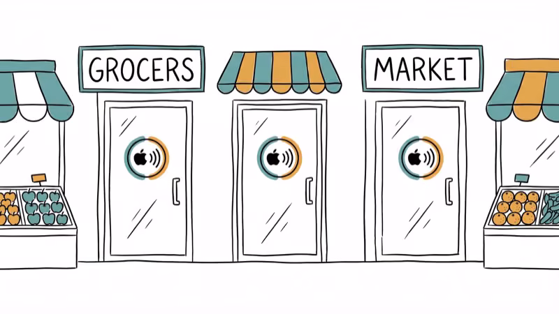 Row of grocery store fronts displaying contactless payment symbols on doors