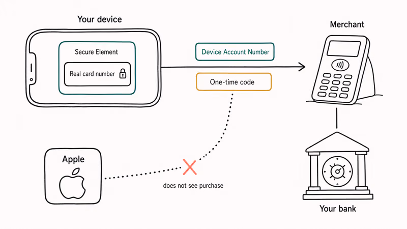 Apple Pay Secure Element architecture showing device account number, dynamic token, and merchant data flow