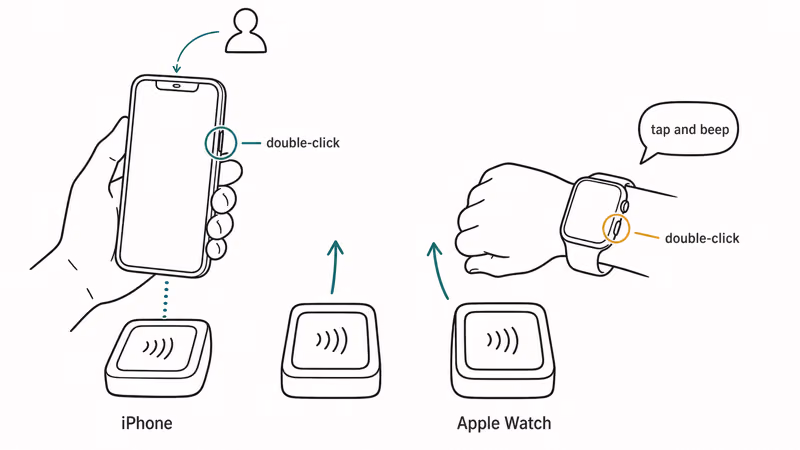 iPhone and Apple Watch held near contactless reader showing Face ID and side-button authentication