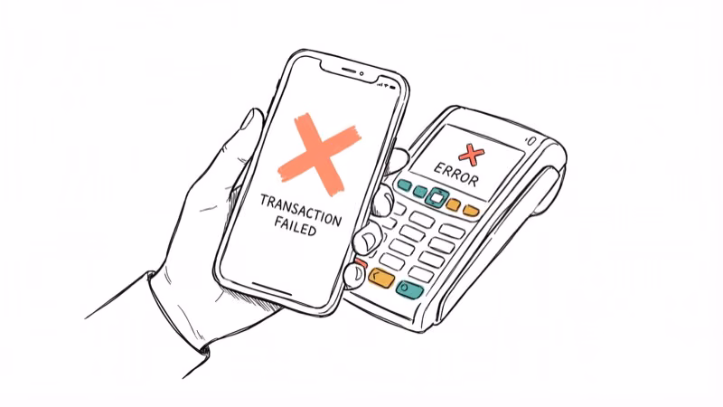 iPhone showing failed Apple Pay transaction with error indicator at terminal