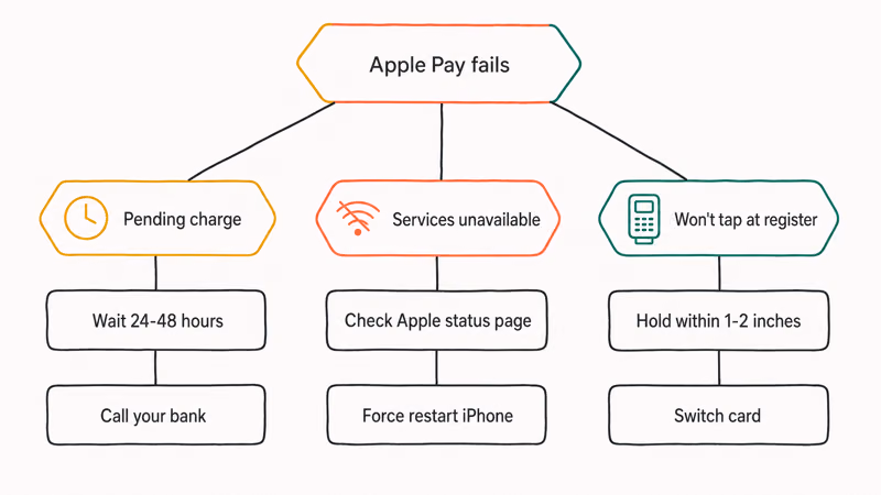 Apple Pay troubleshooting tree covering pending transactions, unavailable service, and terminal failures with fixes