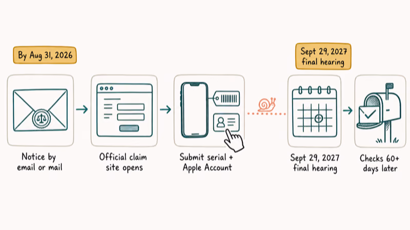 Claim process steps from the August 2026 notice to checks after final approval