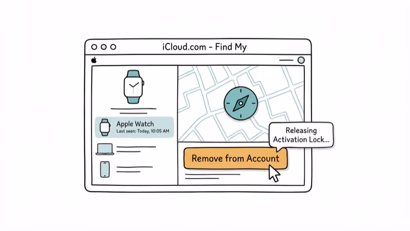 Browser showing iCloud Find My interface with Apple Watch device removal option