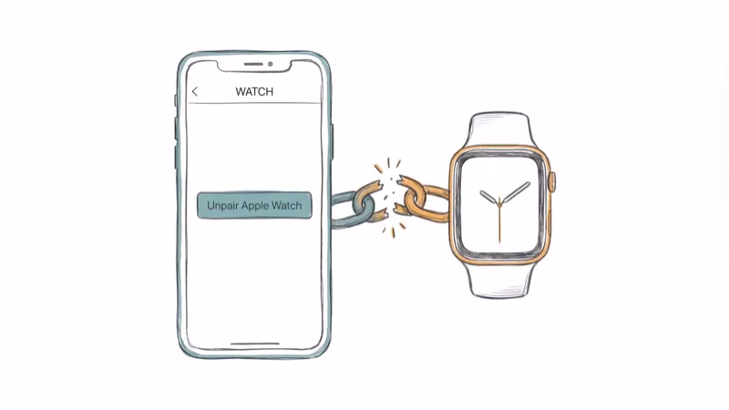 iPhone Watch app showing unpair button with Apple Watch being disconnected