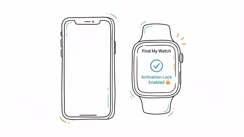 iPhone and Apple Watch showing Find My app with activation lock status check
