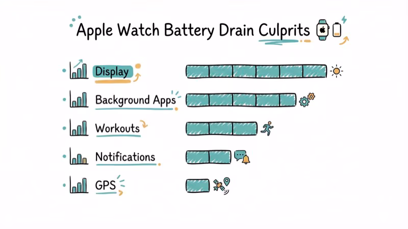 Ranked bar chart showing top Apple Watch battery drain culprits by usage