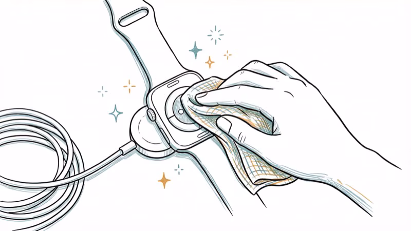 Cloth wiping back of Apple Watch and magnetic charger surface for cleaning