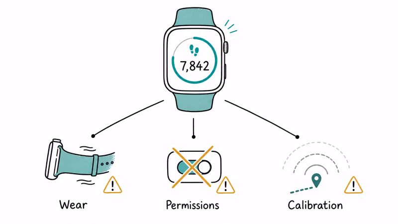 Overview illustration showing wear, permissions, and calibration as three causes of step tracking errors