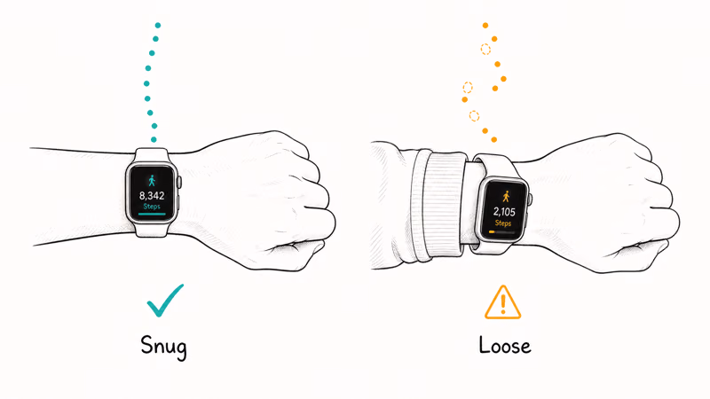 Side-by-side wrist showing snug non-dominant fit versus loose band that misses steps
