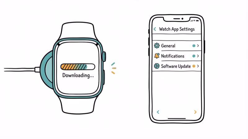 Apple Watch on magnetic charger with download progress bar next to iPhone