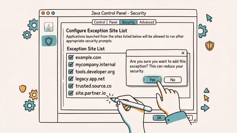 Java security exceptions panel showing a list of approved website URLs with checkmarks being added