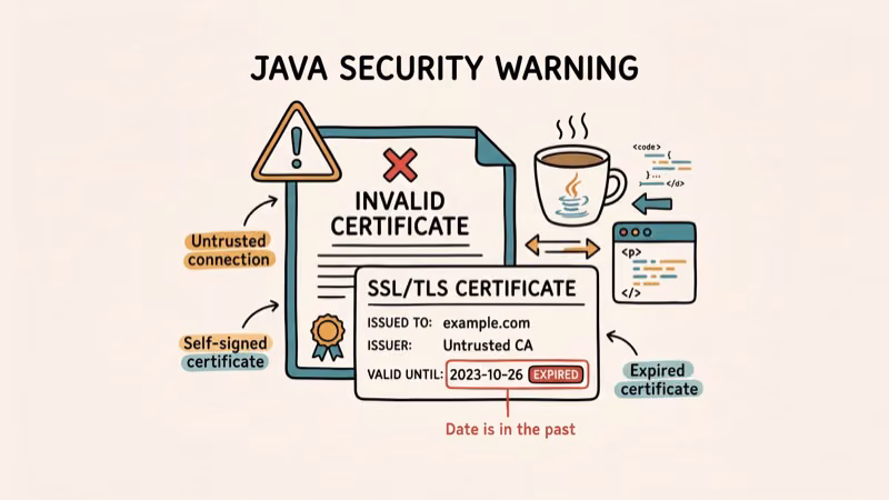 Certificate document with X mark warning triangle and expired date indicator showing invalid Java certificate error
