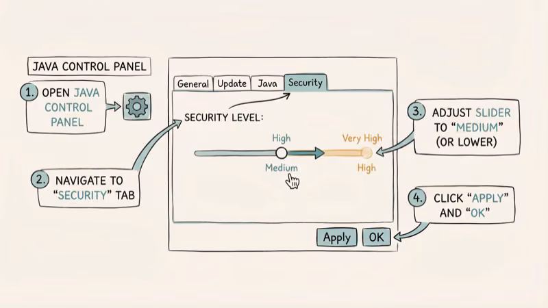 Java Control Panel security settings window with security level slider being adjusted to fix blocked applications